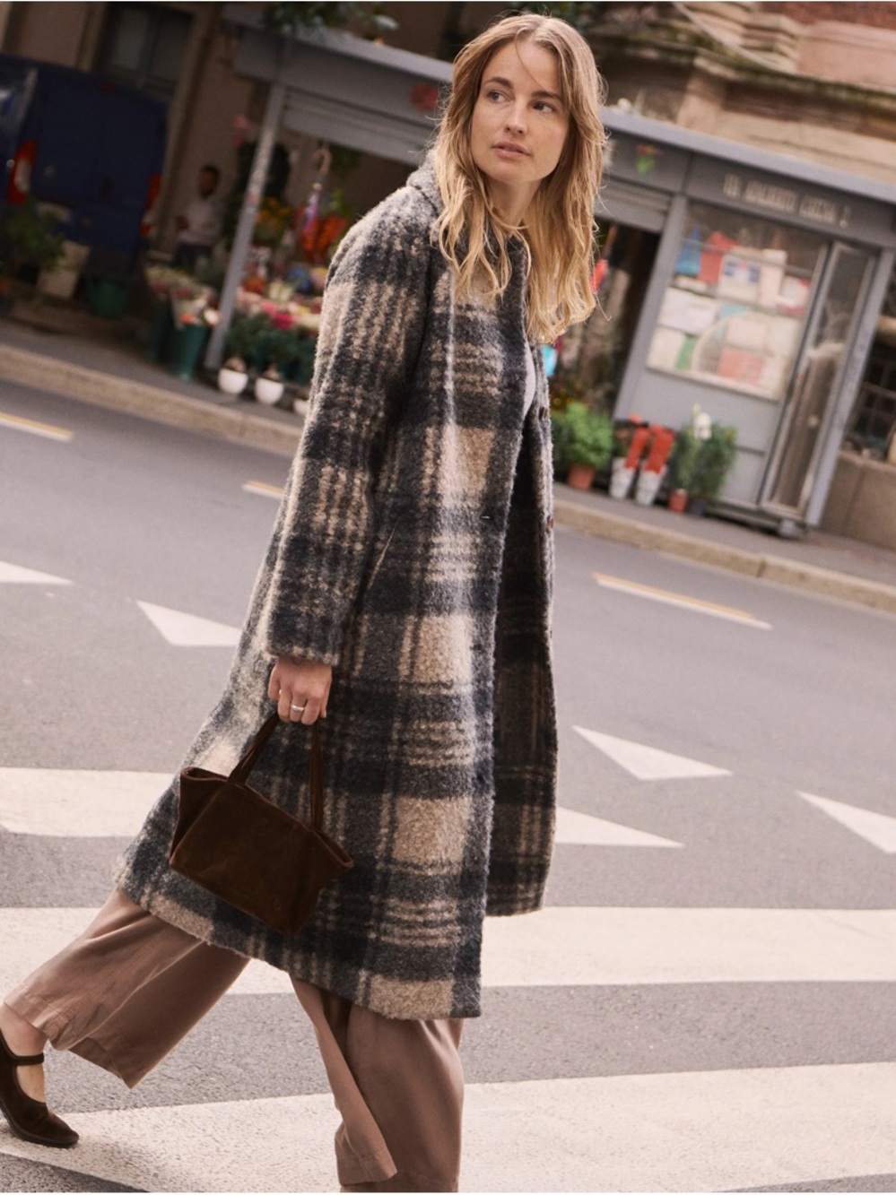 Marine Layer Plaid Long Coat in Black, Gray, and Tan - Picture 2 of 7